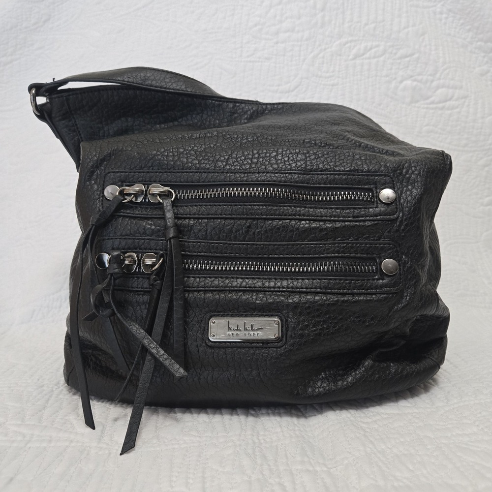 Nicole Miller Shoulder Boho Bag Pebbled‎ Black Animal Print Lining Large
